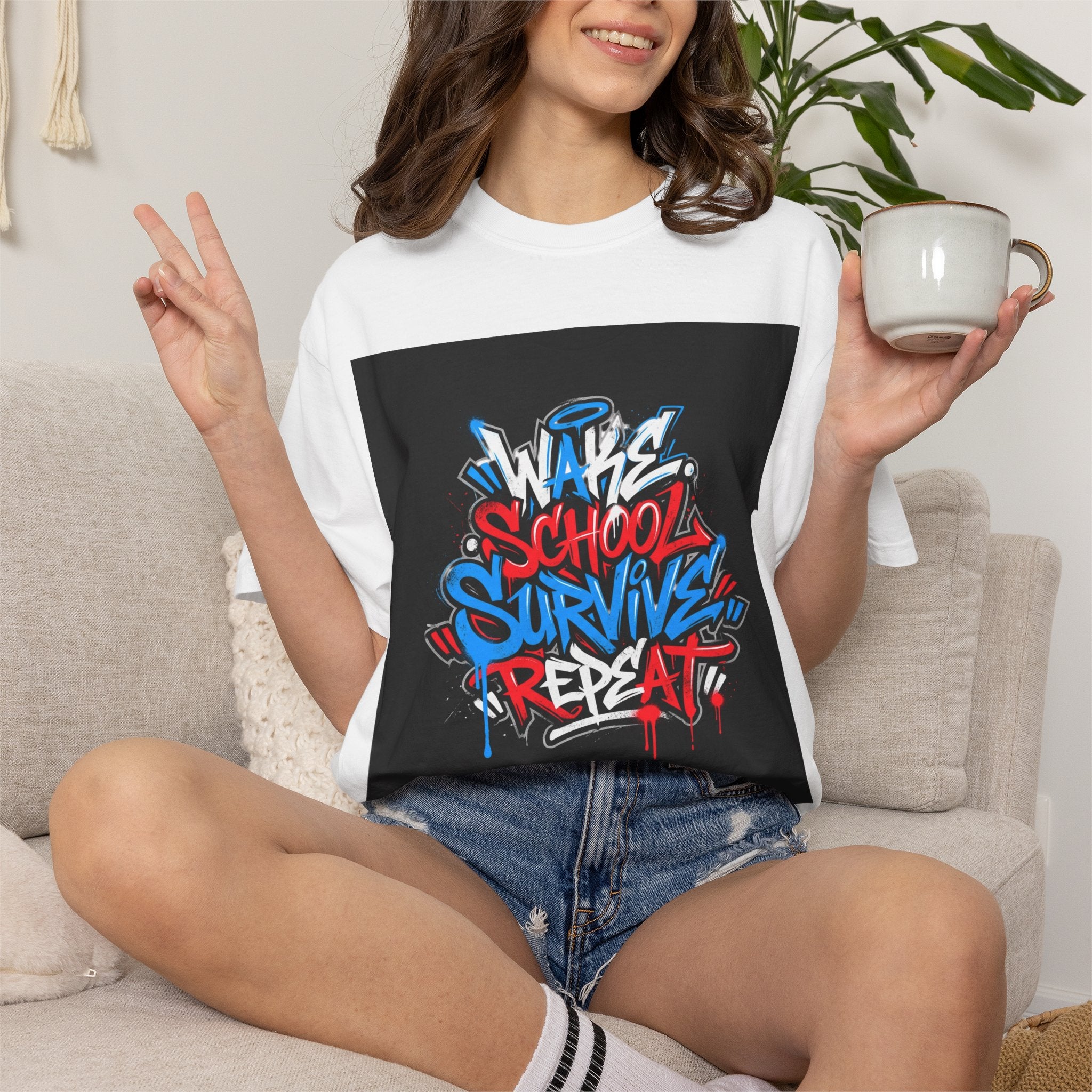 Wake School Survive Repeat T-shirt | Graffiti Typography