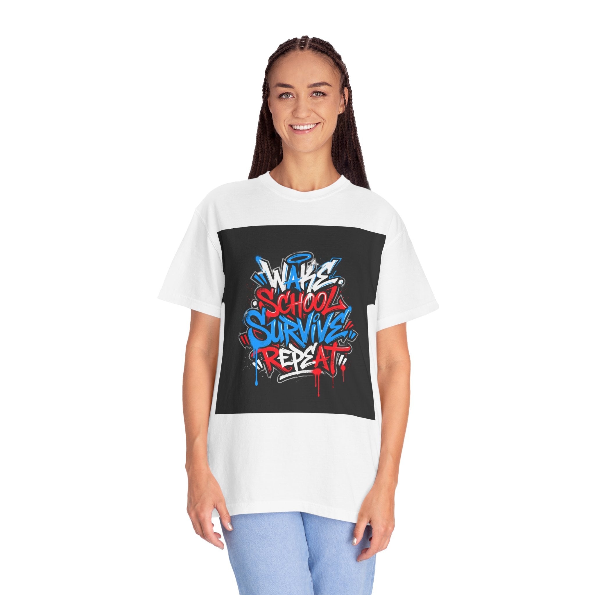 Wake School Survive Repeat T-shirt | Graffiti Typography