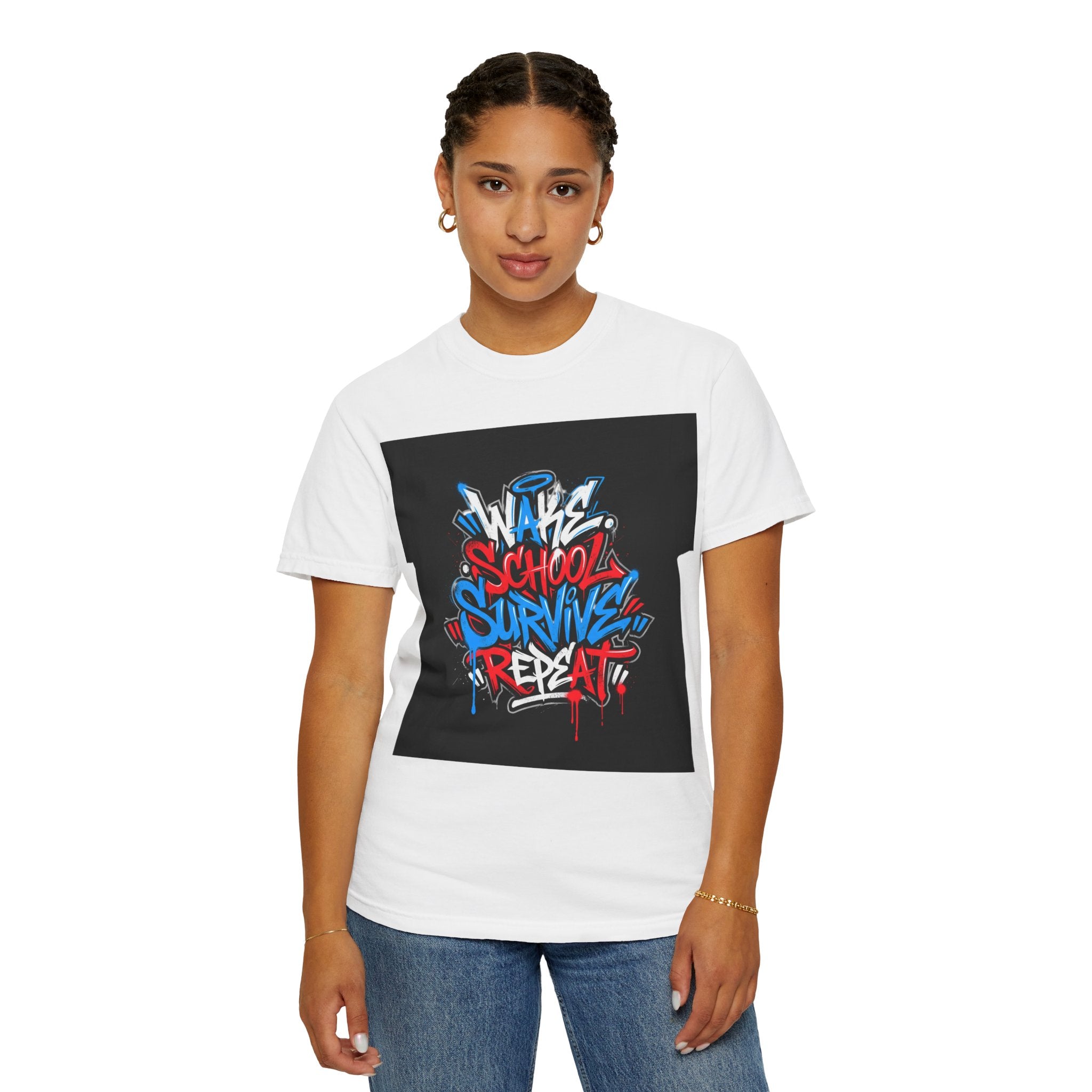 Wake School Survive Repeat T-shirt | Graffiti Typography