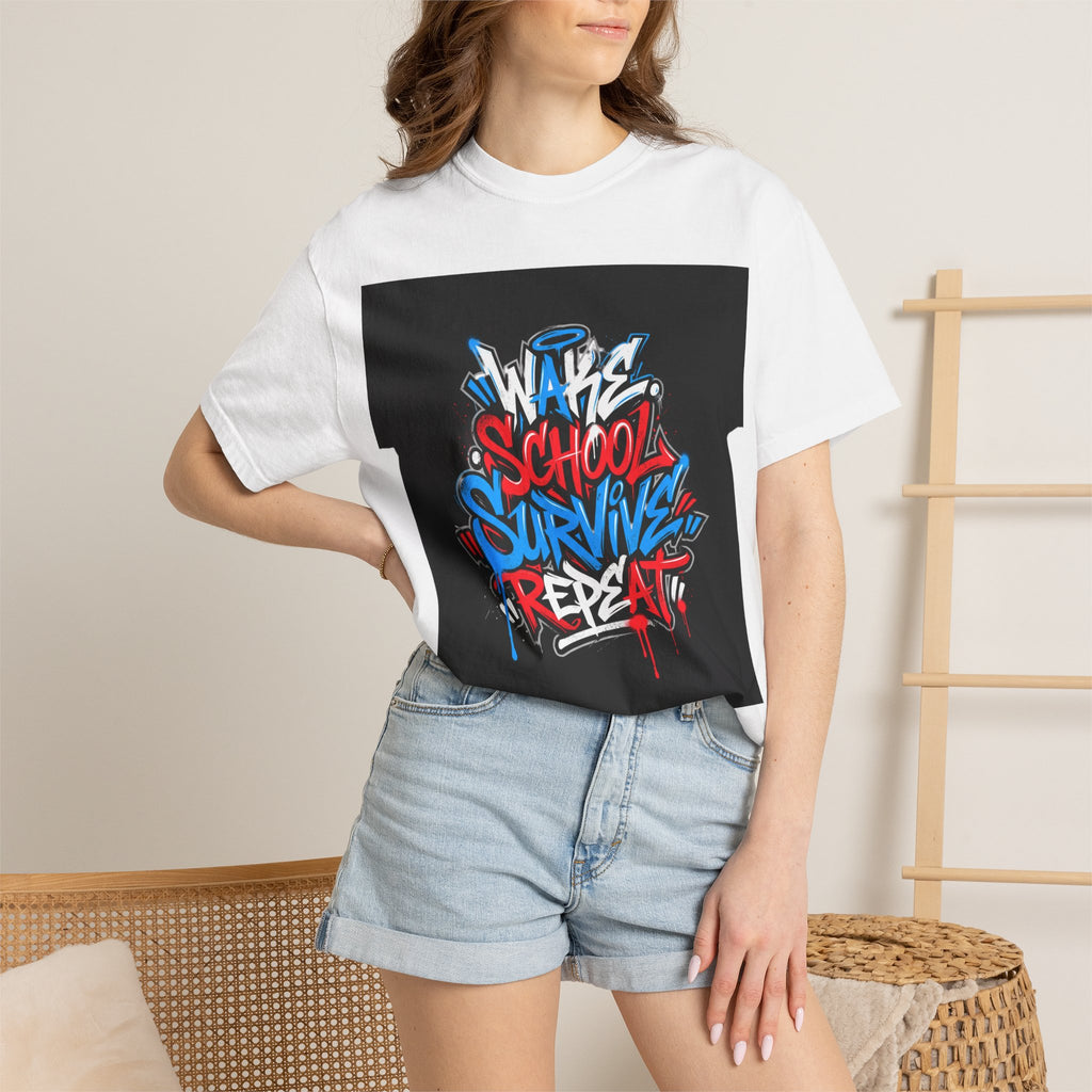 Wake School Survive Repeat T-shirt | Graffiti Typography